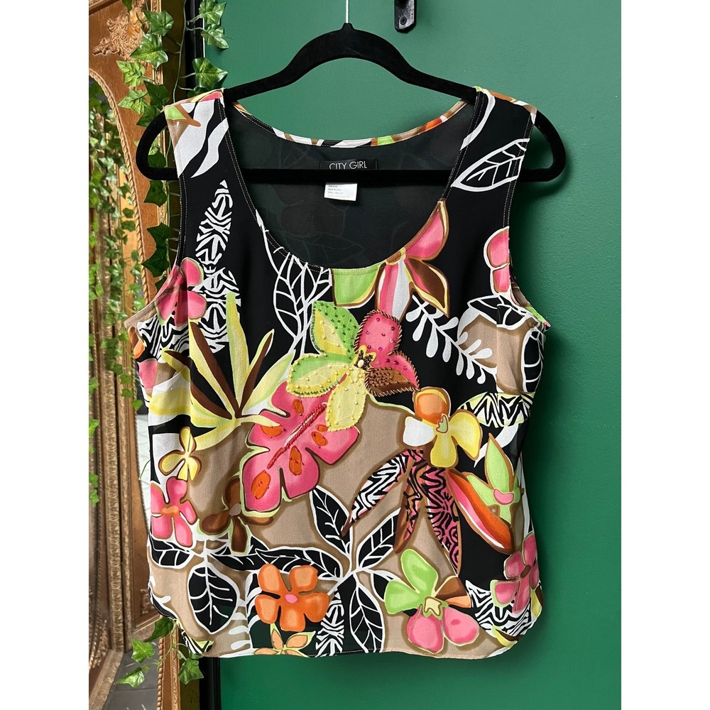 Nancy Bolen Silk Beaded Tropical Floral Shell Top Zebra Print Womens Medium